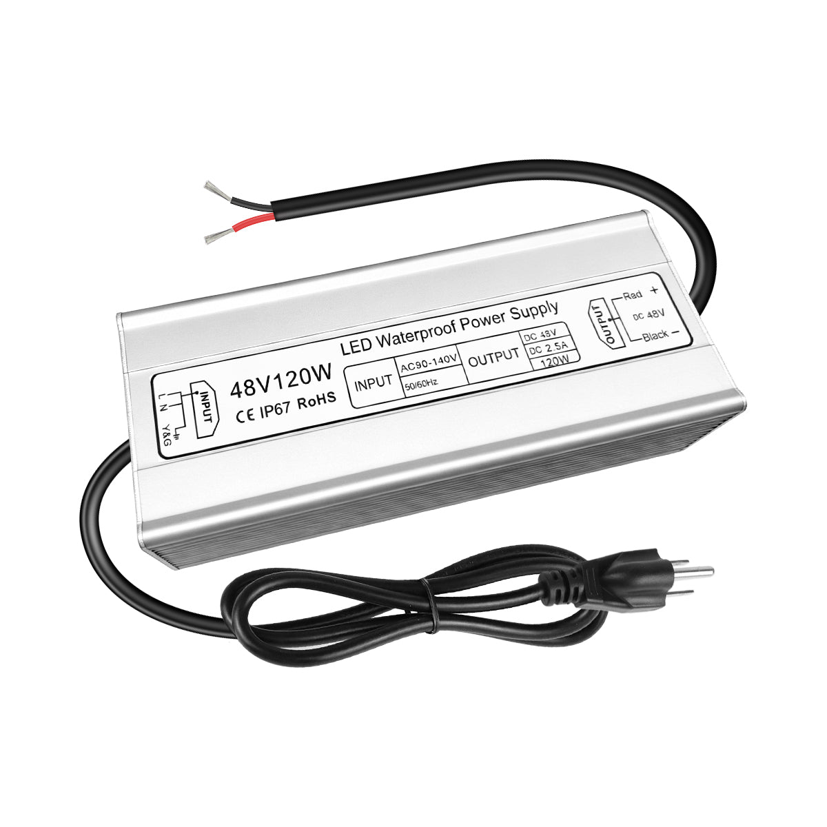 48V LED Driver, 90–140V Input, 100W–400W, Single Output Constant Voltage Power Supply, Aluminum Housing, IP67 Waterproof, CE/RoHS/FCC — US Plug & Wire Leads Options