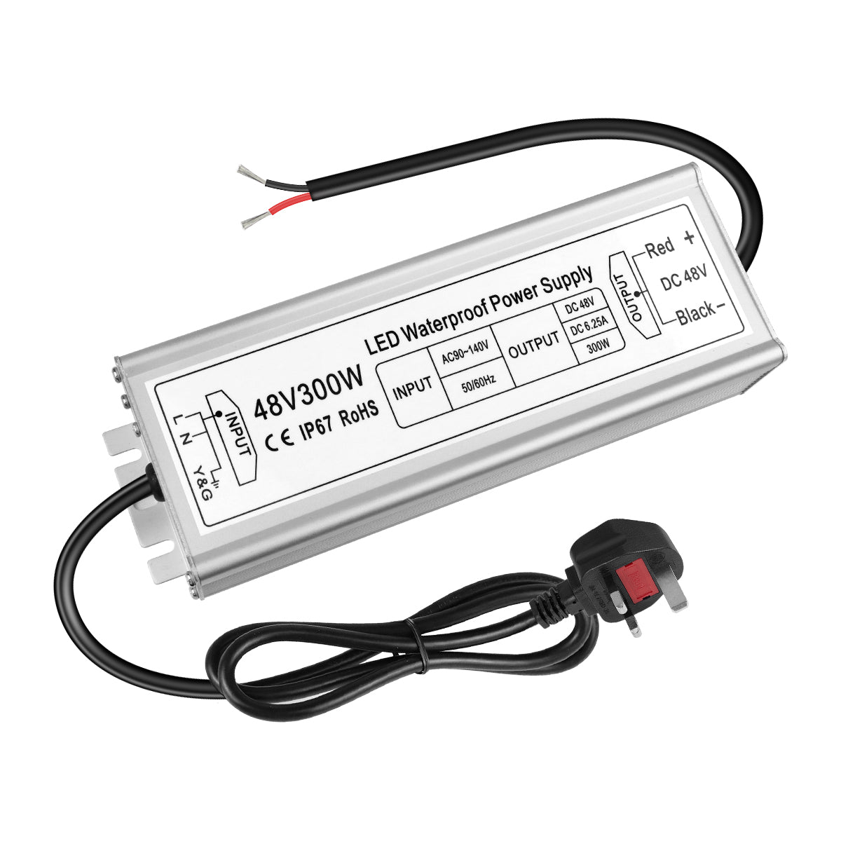 48V LED Power Supply, 175–265V Input, 100W–400W, Constant Voltage Transformer, Aluminum Housing, IP67 Waterproof SMPS, CE/RoHS/FCC — UK/EU Plug & Wire Leads Options