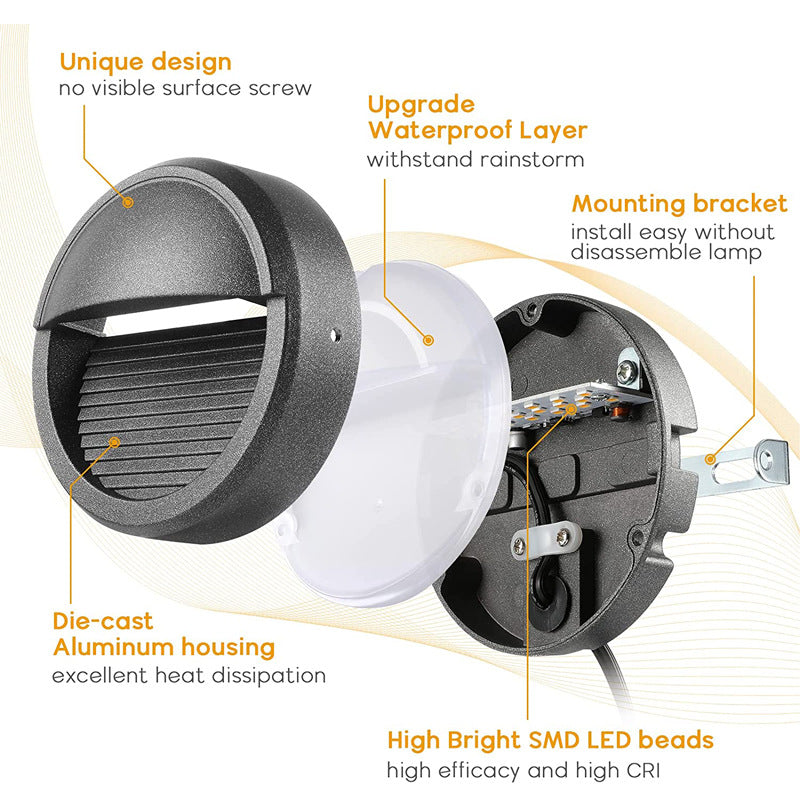 Lot de 6 spots LED basse tension pour terrasse, rampe d'escalier avec LED intégrée 4 W, éclairage d'accentuation 12 V CA/CC, finition aluminium thermolaqué noir.