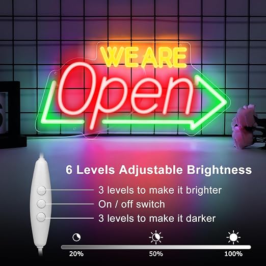 WE ARE OPEN Integrated LED Signs – USB Powered | 16.1×7.8 inch | Arrow Shape LED Window Sign | Yellow + Red + Green Glow for Storefront Display