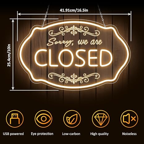 SORRY, WE ARE CLOSED LED Silicone Neon Sign – 16.5×9 Inch (42×23 cm) Horizontal Style | 5V USB Powered Warm White Dimmable Light for Storefront Window & Business Decor