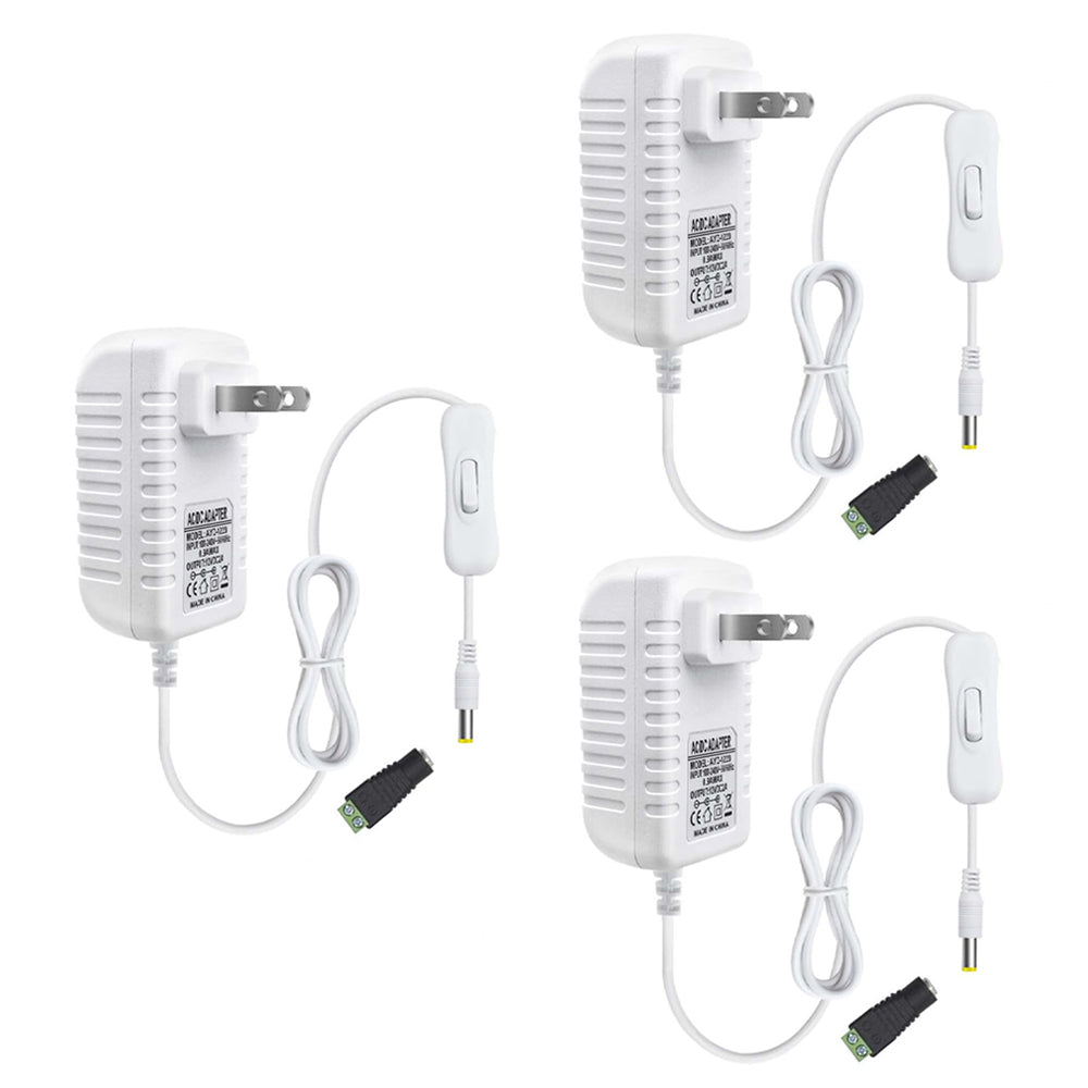DC 12V Power Supply Adapter with On/Off Switch, 12W/24W/36W Options, US Plug, Black/White Housing, 100–240V AC Input, Wall Plug Charger for LED Strip Lights and Electronics