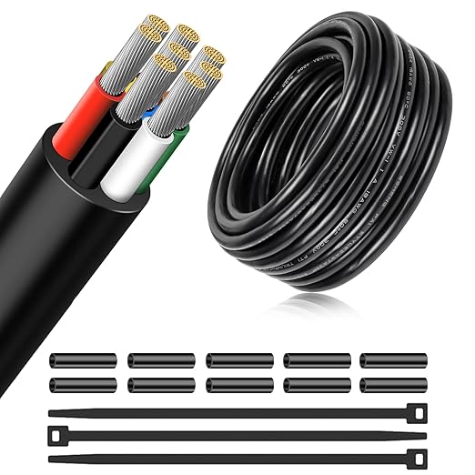 22 AWG Electrical Cable, 6/7/8 Core Stranded Tinned Copper Multi-Conductor Wire, Black/White PVC Sheathed Flexible Control Wire, 10/20/50m (33ft–165ft) Options