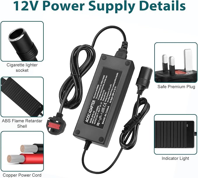 DC 12V Cigarette Lighter Desktop Power Supply Adapter 60W–120W, AC 100–240V Input, Converter Transformer with UK Plug — for Car Accessories, Air Pump, Cooler, and Electronics