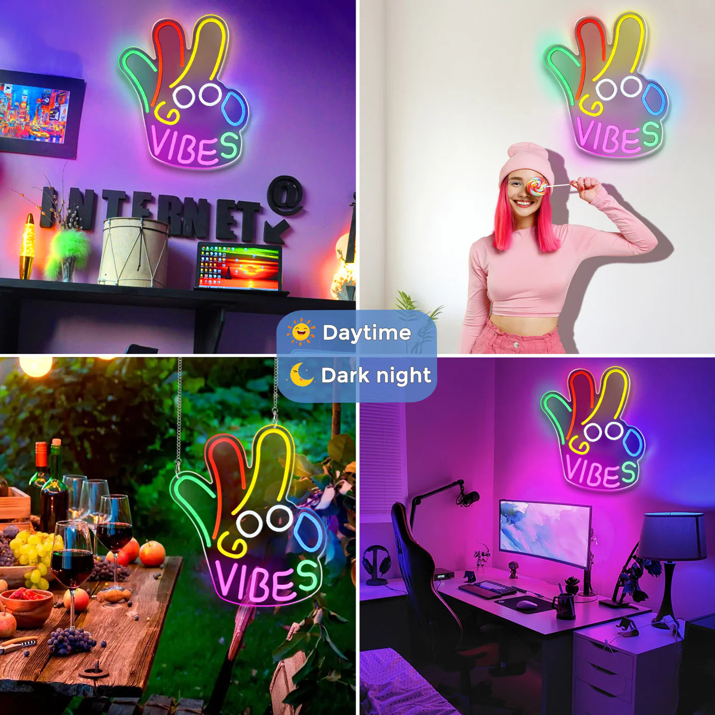 Panneau LED « Good Vibes » – Main OK | 43 cm x 33 cm | Néon USB pour décoration murale | À suspendre | Idéal pour chambre, dortoir, salon, fête