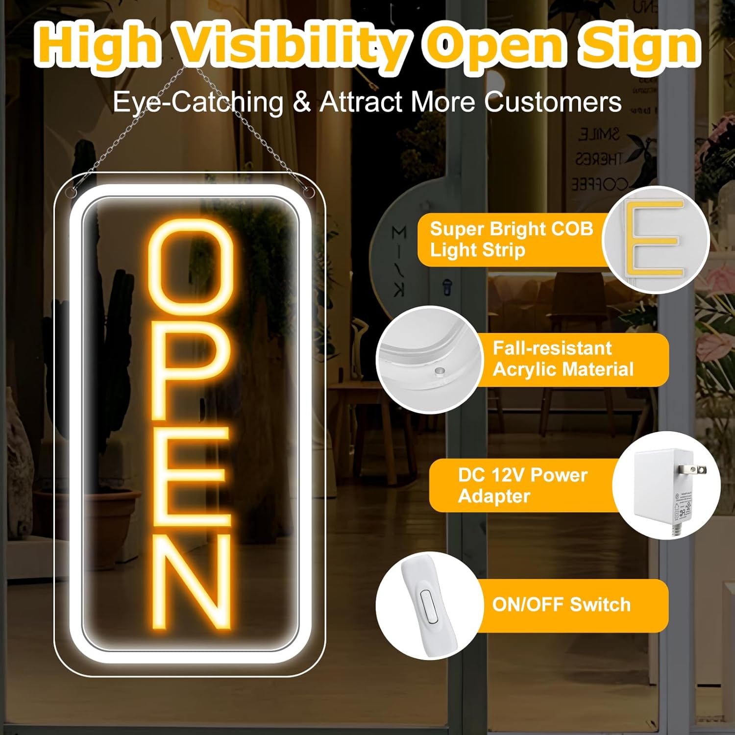 OPEN Neon LED Sign – Vertical Rectangular | 5 Glow Color Options | 16×9 / 23×12 inch | Window Hanging | Plug & Play for Storefronts