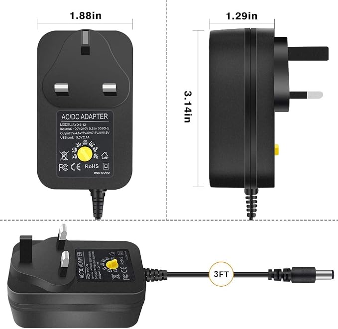 3V-12V Wall Plug Power Supply - AC 100-240V Input, Black Housing with UK Plug for LED Strip Lights, Router and Electronic Devices