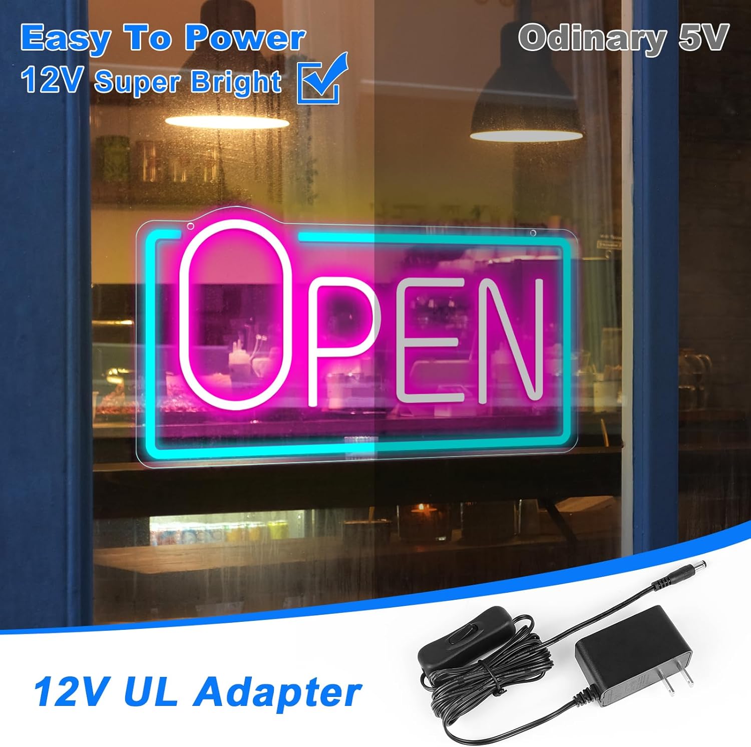 OPEN Neon Sign – Big “O” Style | 5 Glow Color Options | 17×9 inch (42×22 cm) | Window Hanging | Plug & Play for Storefronts