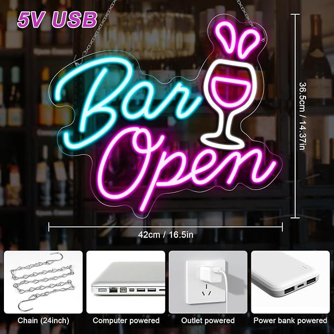 Enseigne néon OPEN – Style grand « O » | 5 couleurs de lumière | 42 × 22 cm | Suspension | Prêt à l'emploi pour vitrines