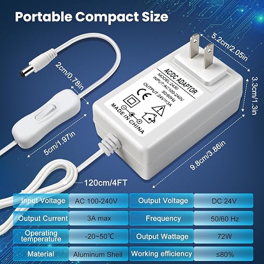 DC 24V Power Supply Adapter with On/Off Switch, 72W, US Plug, White Housing, 100–240V AC Input, Wall Plug Charger for LED Strip Lights and Electronics