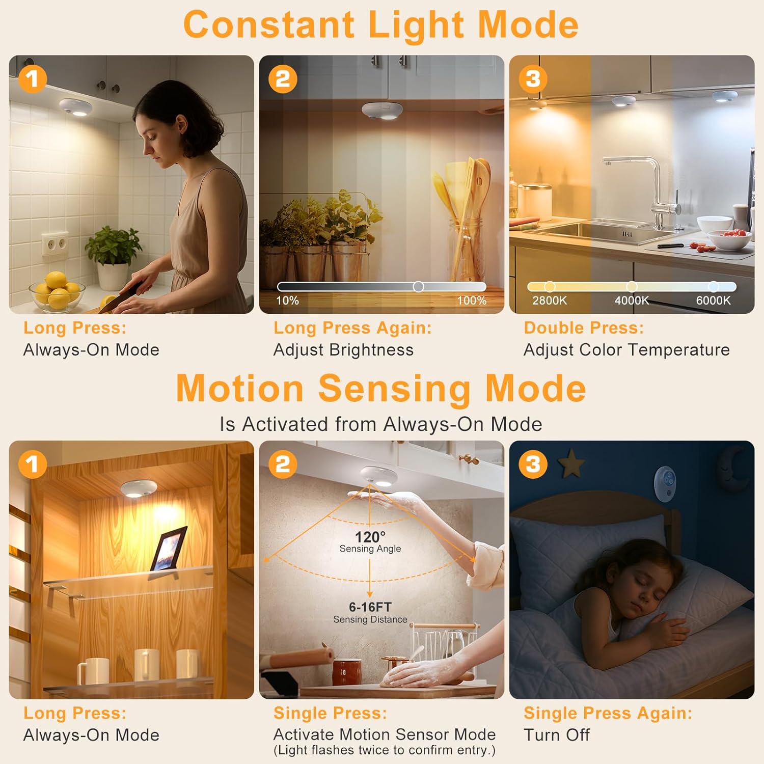 4/6 Pack Rechargeable Pebble LED Closet Light | 3 LEDs, 3 Color Modes (3000K / 4000K / 6000K) | Motion Sensor, Tap Switch, Dimmable | White Finish | Magnetic Mounting