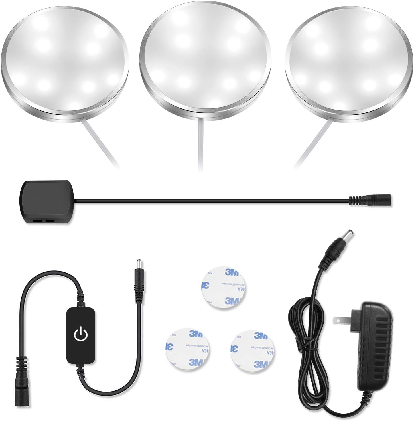 Lot de 3 ou 6 spots LED pour armoire – Blanc chaud / Blanc lumière du jour | Finition argentée | Adaptateur 12 V avec prise US/UK | Intensité réglable tactile | Fixation adhésive | Pour cuisine et sous-meubles