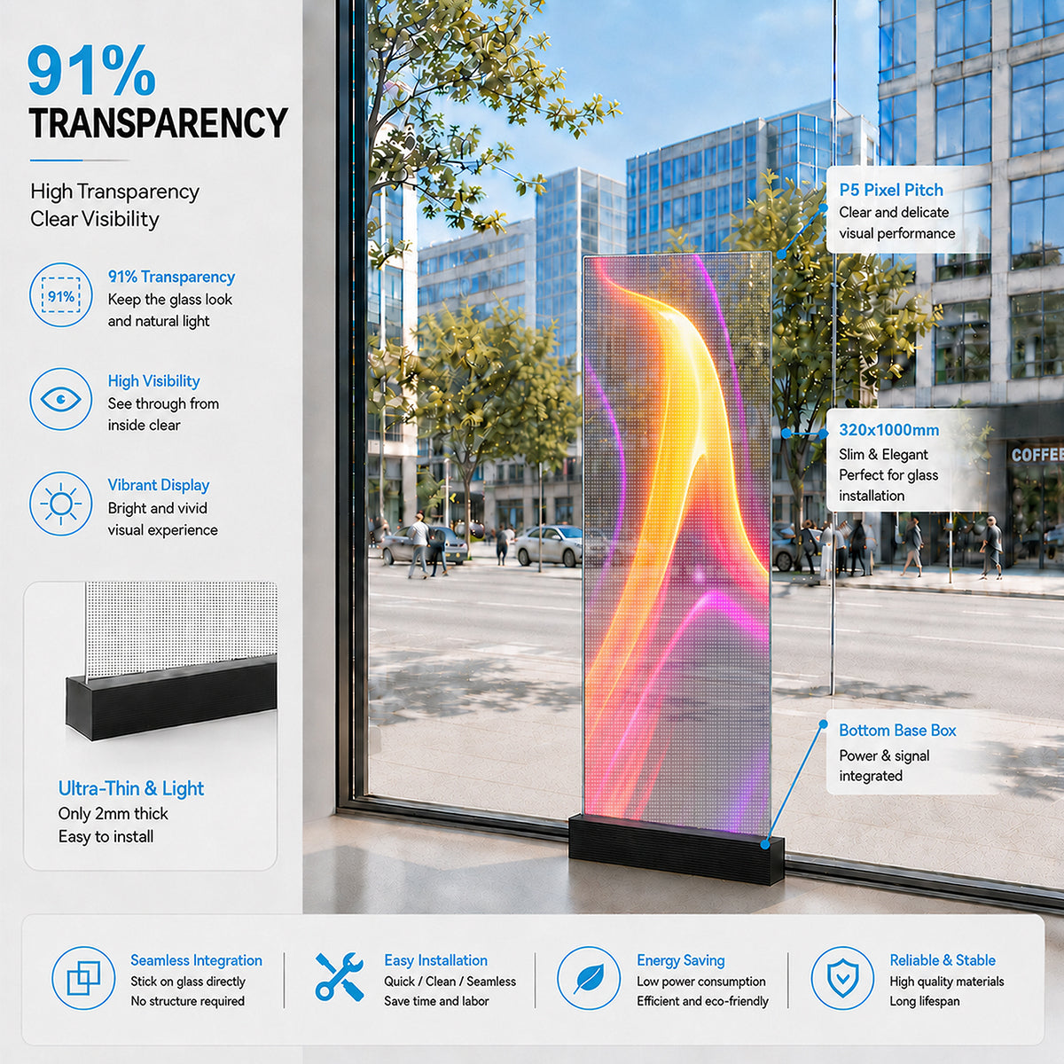 【Standard Modular Panel】HC Series P5 Slim Transparent Adhesive LED Film – 320×1000 mm (12.60×39.37 in) | 2000nits | 91% Transparency Glass Sticker Screen for Retail Facades & Shopping Mall Displays | Multiple Kit Options | Plug & Play