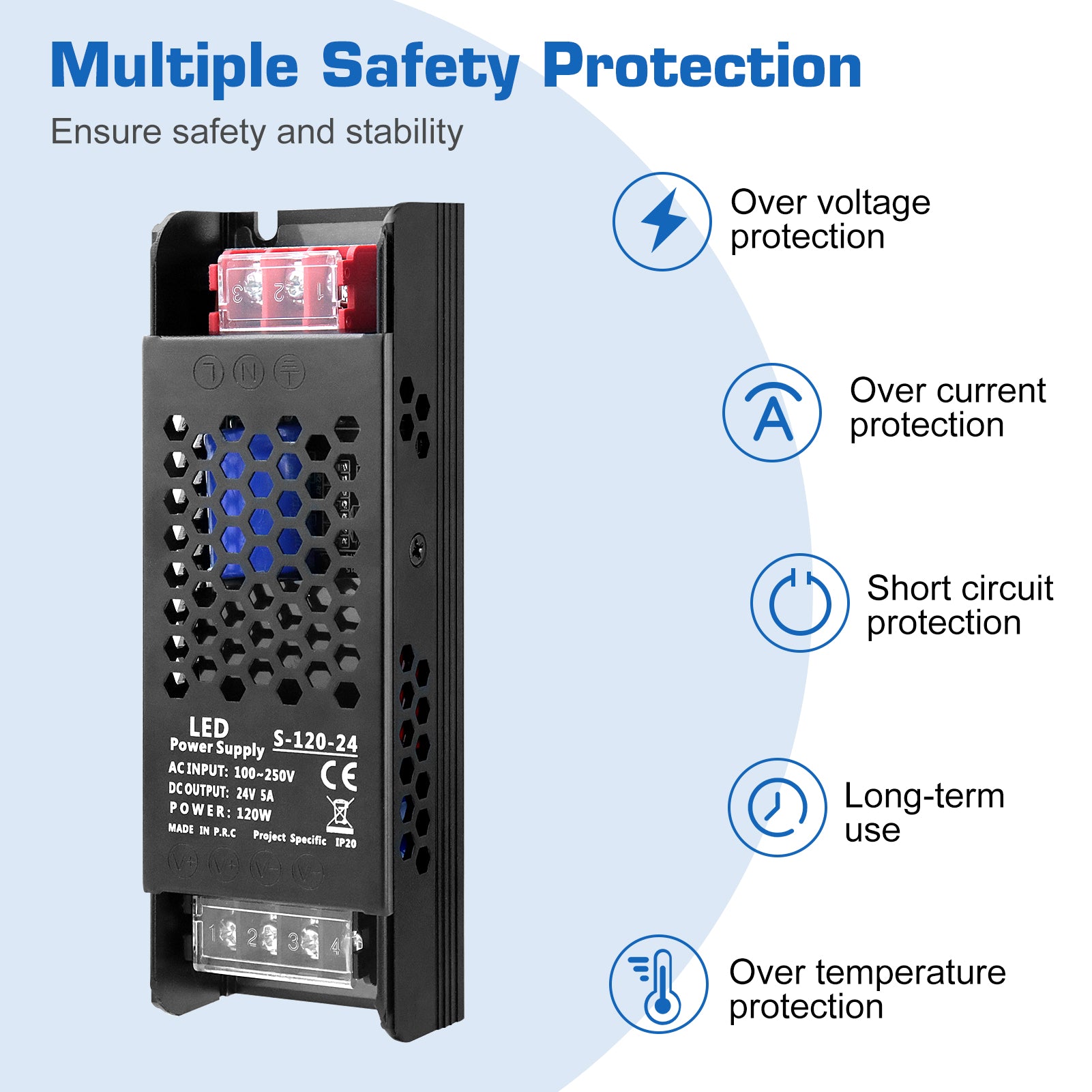 DC 12V/24V Slim Black Switching Power Supply 36W–200W, AC 110–250V Input, Narrow Type LED Transformer, Compact Metal Housing, CE/FCC/RoHS Certified