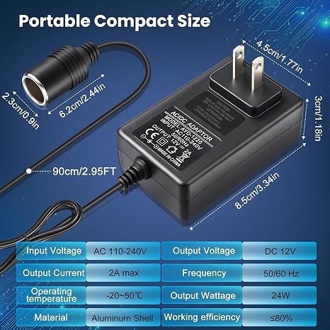 DC 12V Cigarette Lighter Power Supply Adapter 24W/36W, AC 100–240V to 12V Converter Transformer, Car Socket Charger for Pump, Cooler, LED Lights — US Plug