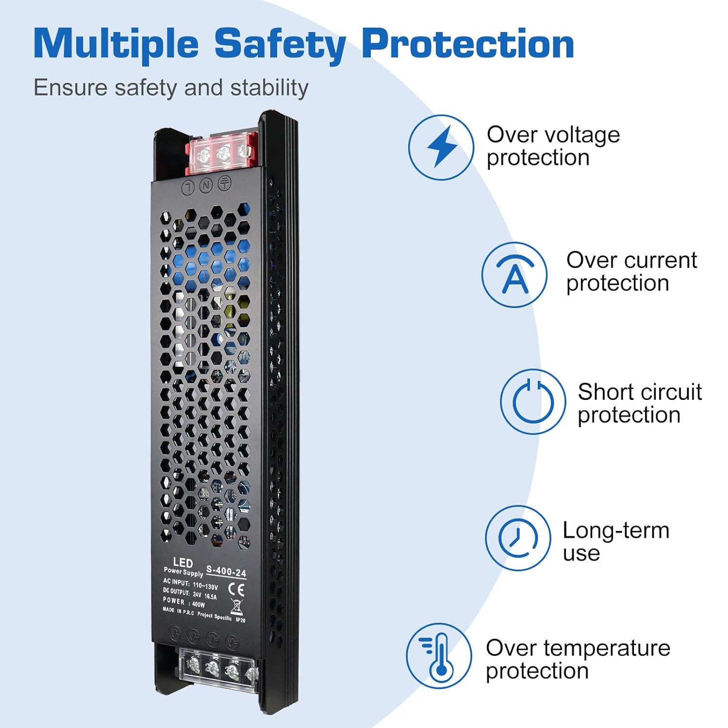 DC 12V/24V Slim Black Switching Power Supply 300W–400W, AC 110–130V/175–250V Input, LED Driver Transformer with Built-in Cooling Fan, CE/FCC/RoHS Certified