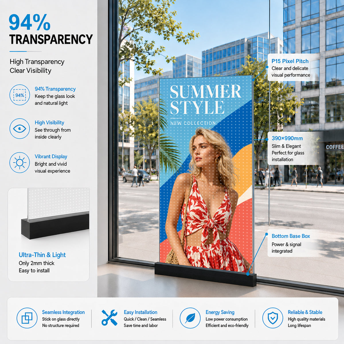 【Standard Modular Panel】HC Series P15 Transparent Adhesive LED Film – 390×990 mm (15.35×38.98 in) | 2000 nits | 94 % Transparency Glass Sticker Screen for Retail Facades & Shopfront Windows | Multiple Kit Options | Plug & Play
