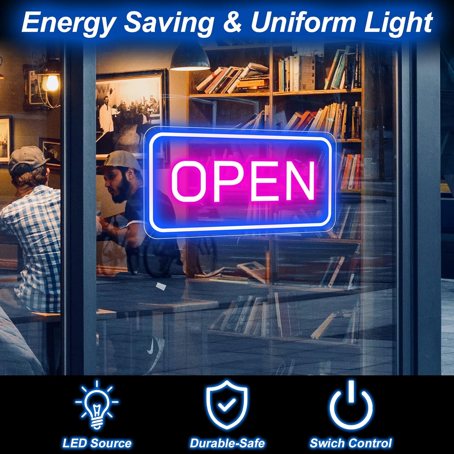 OPEN LED Neon Sign – Rectangular | 4 Glow Color Options | 16×9 / 23×12 inch | Window Hanging | Plug & Play for Storefronts