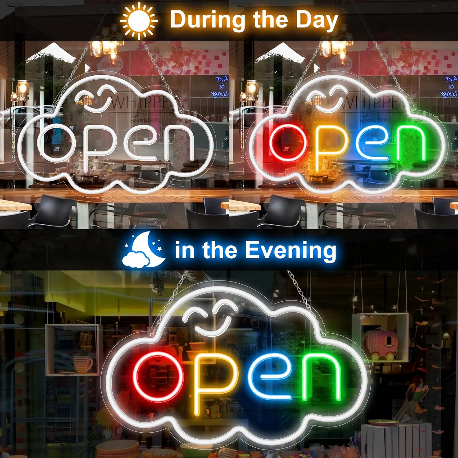 Panneau LED « OPEN » – Forme de nuage | Panneau néon arc-en-ciel fixe | 2 tailles | Suspension de vitrine | Plug & Play pour vitrines