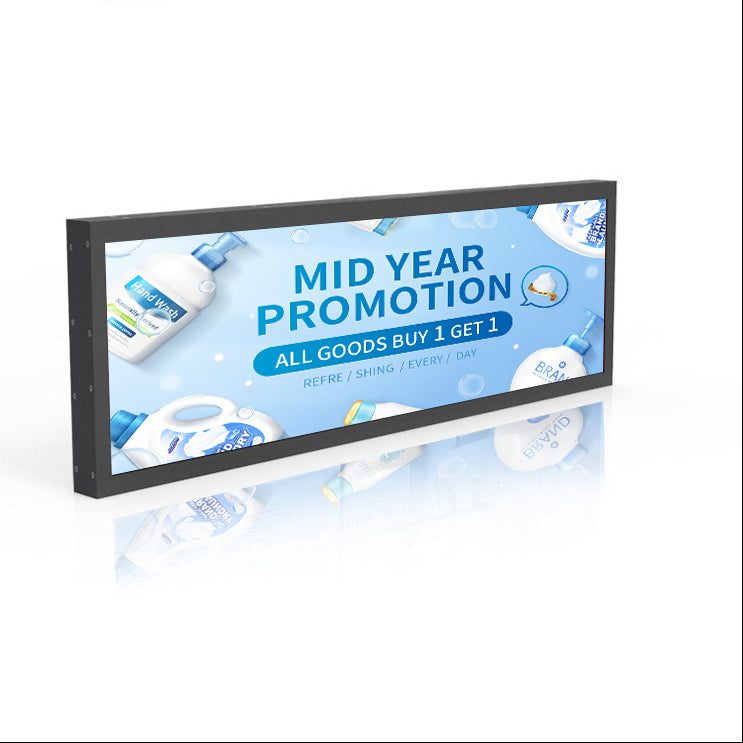 49,5 Zoll (1210 × 340 mm sichtbar) ultrabreites, gestrecktes LCD-Regaldisplay | Android-Leistenbildschirm | Cloud-Plattform und USB-Wiedergabe