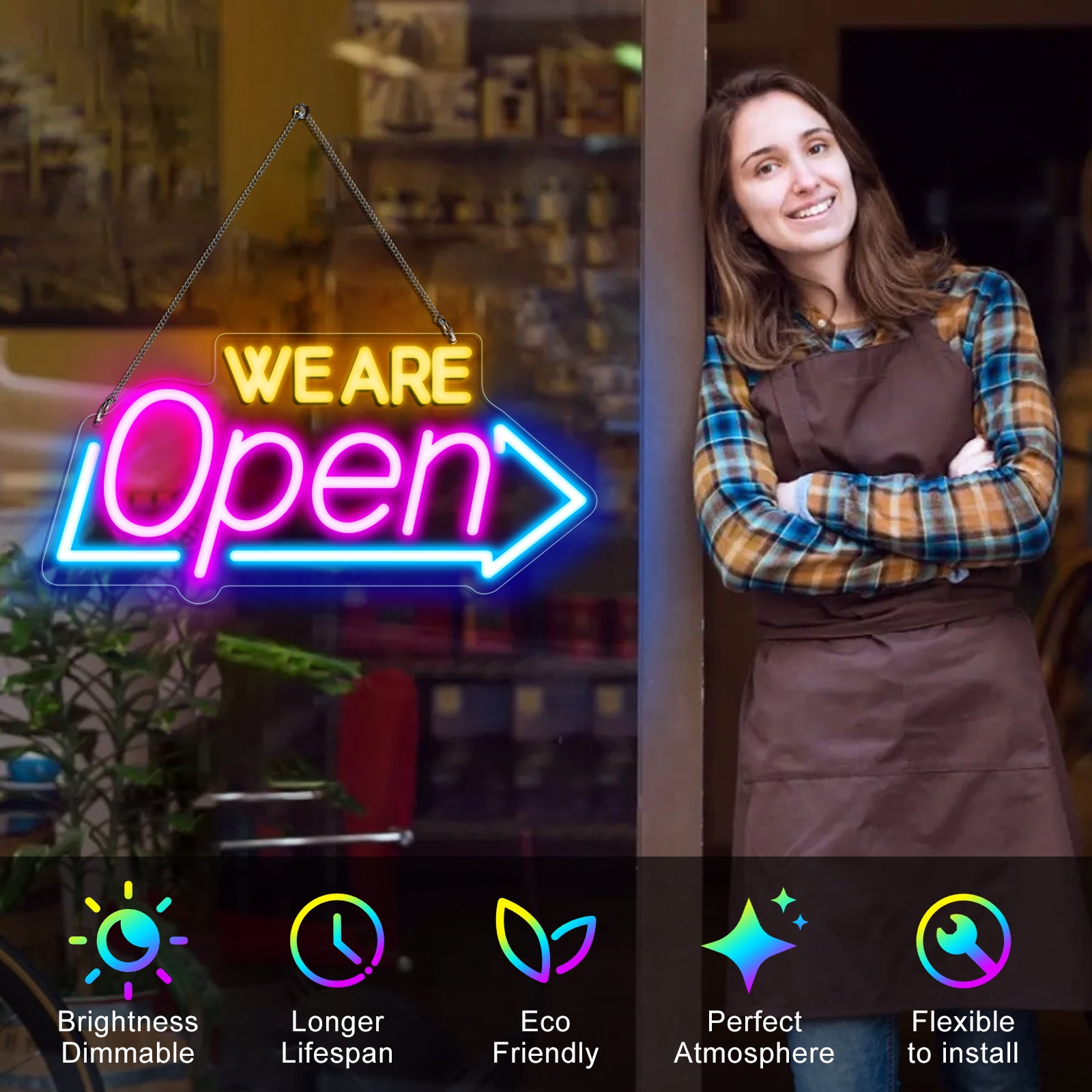 Enseigne néon « OUVERT » – Alimentation USB | 41 x 20 cm | Enseigne LED en forme de flèche | 3 combinaisons de couleurs pour vitrine