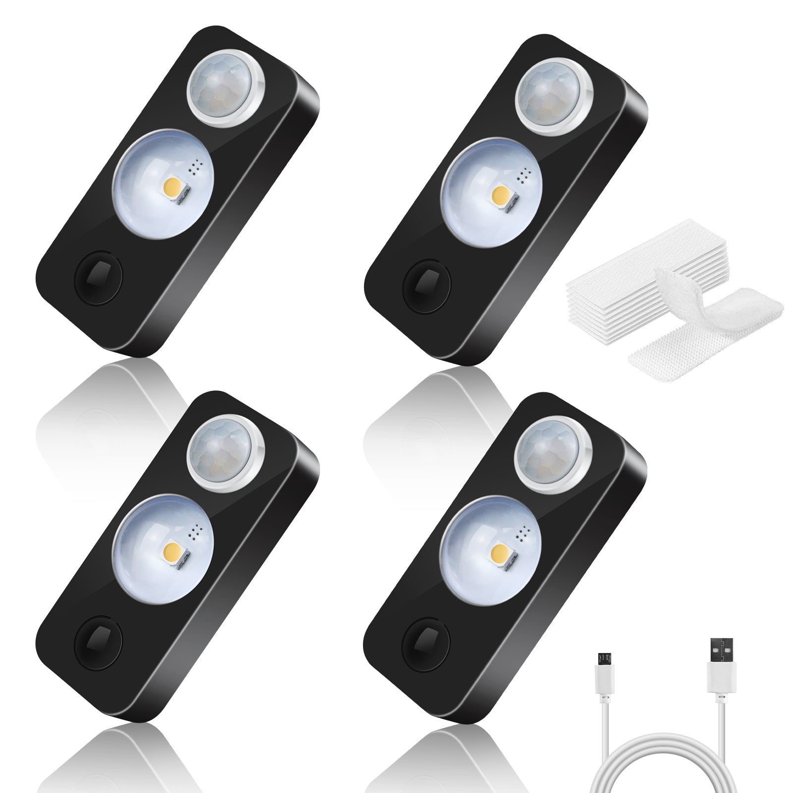 Wiederaufladbare LED-Puck-Schrankleuchte – 4er/6er/8er-Pack | Bewegungssensor, Tippschalter, dimmbar | Warm-/Tageslichtweiß | Schwarz-/Weiß-Finish | Einfache Montage für Schränke und Vitrinen