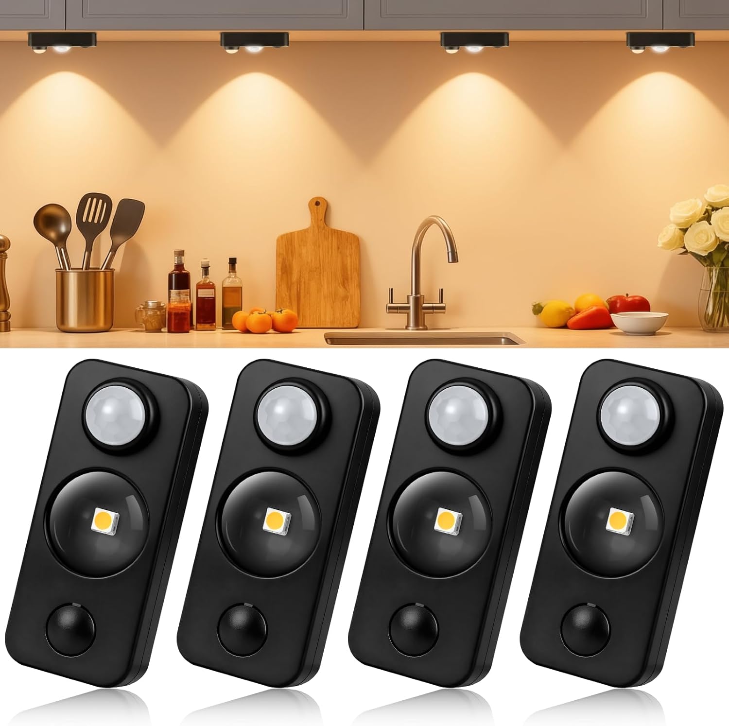 Rechargeable LED Puck Closet Light – 4/6/8 Pack | Motion Sensor, Tap Switch, Dimmable | Warm / Daylight White | Black / White Finish | Easy Mounting for Closets & Cabinets