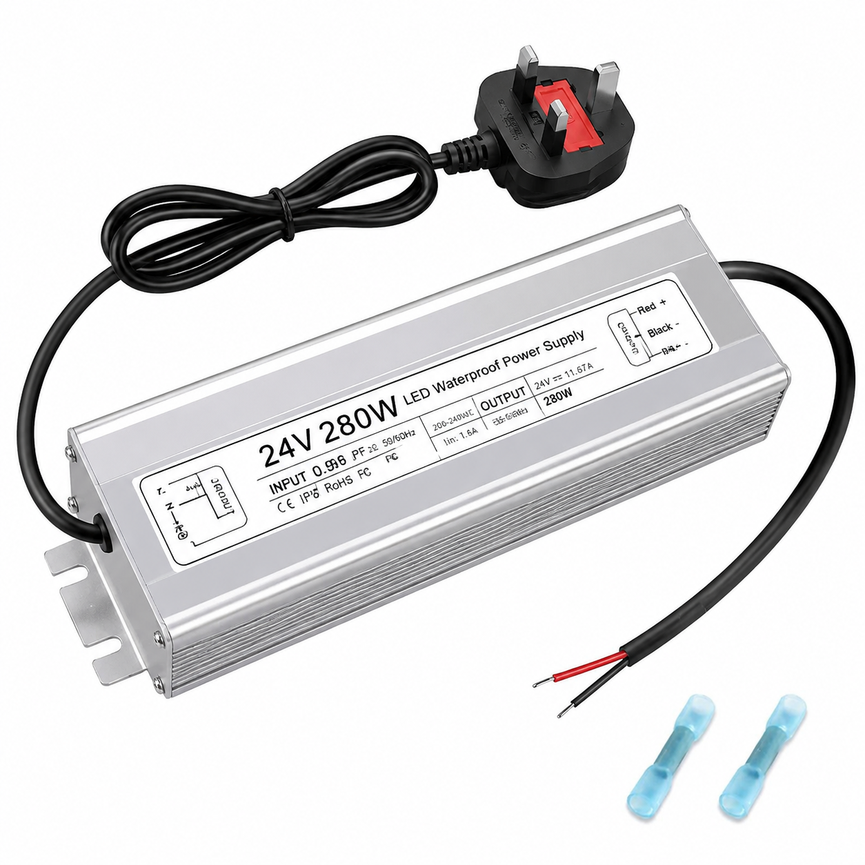 24V Waterproof LED Power Supply 30W–300W, 90–265V Input, Single/Dual Wire Output, Aluminum Housing, Outdoor LED Driver, CE/RoHS/FCC — US/UK/EU Plug & Wire Leads Options