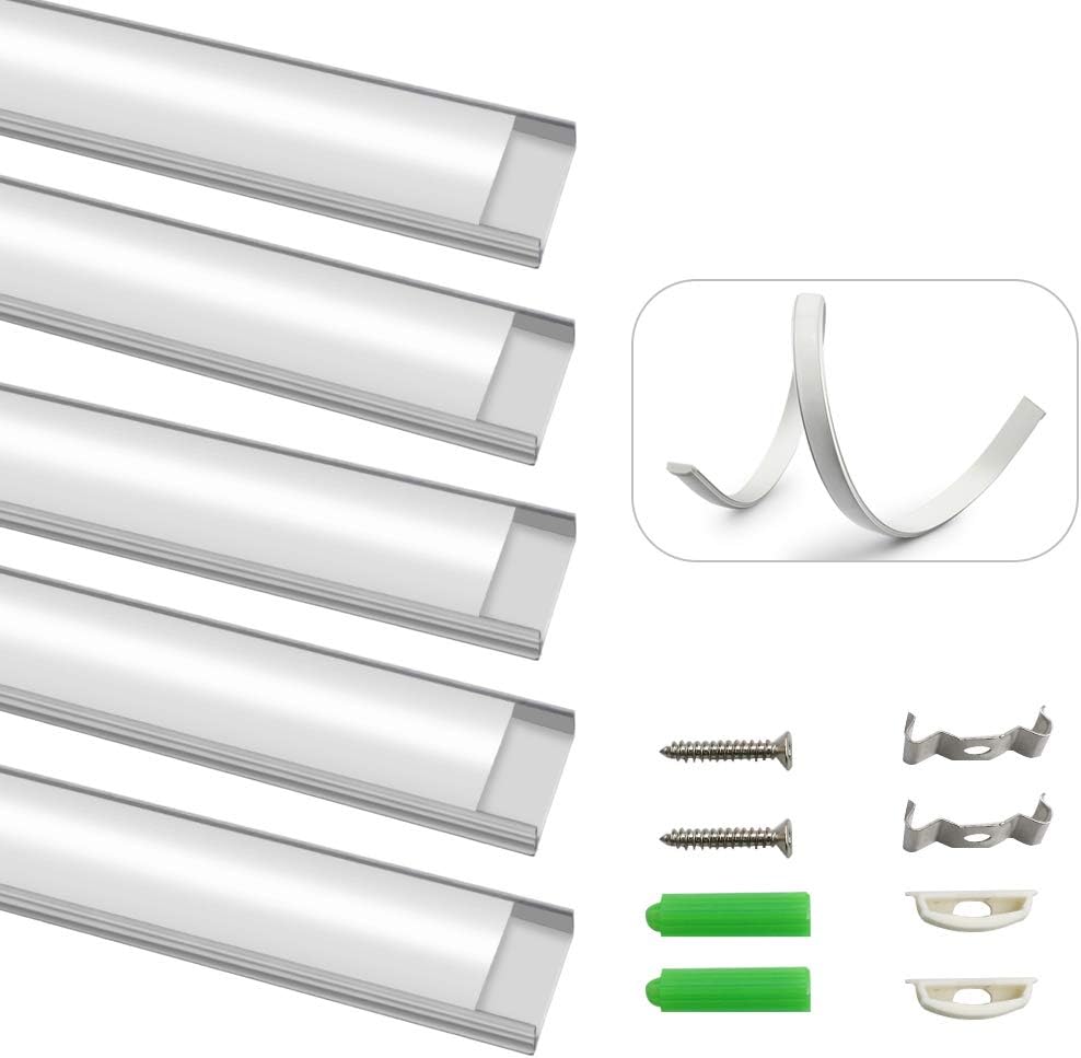 U Shape Bendable LED Aluminum Channels – Fit for 1 to 12mm LED Strip | 1Meter | Silver | Milky White Cover | With Installation Accessories | 6 -Pack | Local Stock US/UK