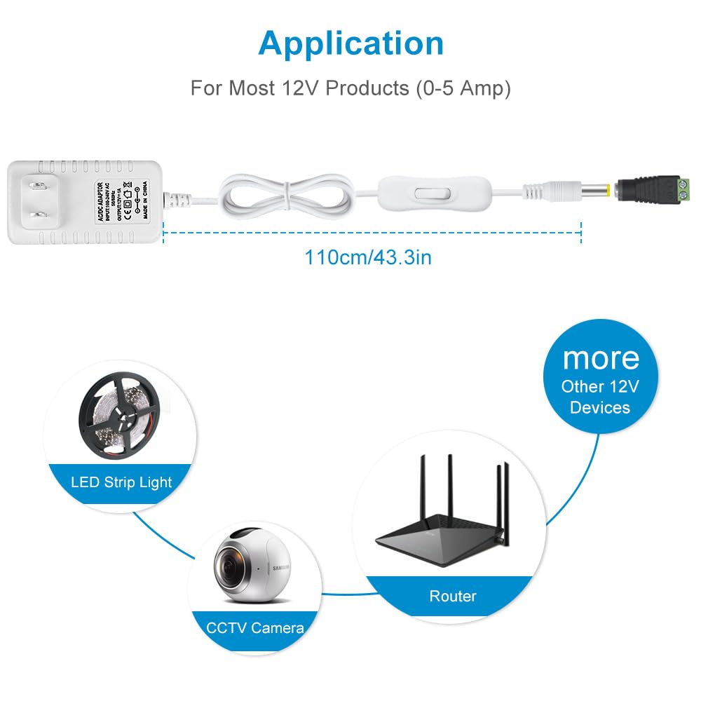 DC 12V Power Supply Adapter with On/Off Switch, 12W/24W/36W Options, US Plug, Black/White Housing, 100–240V AC Input, Wall Plug Charger for LED Strip Lights and Electronics