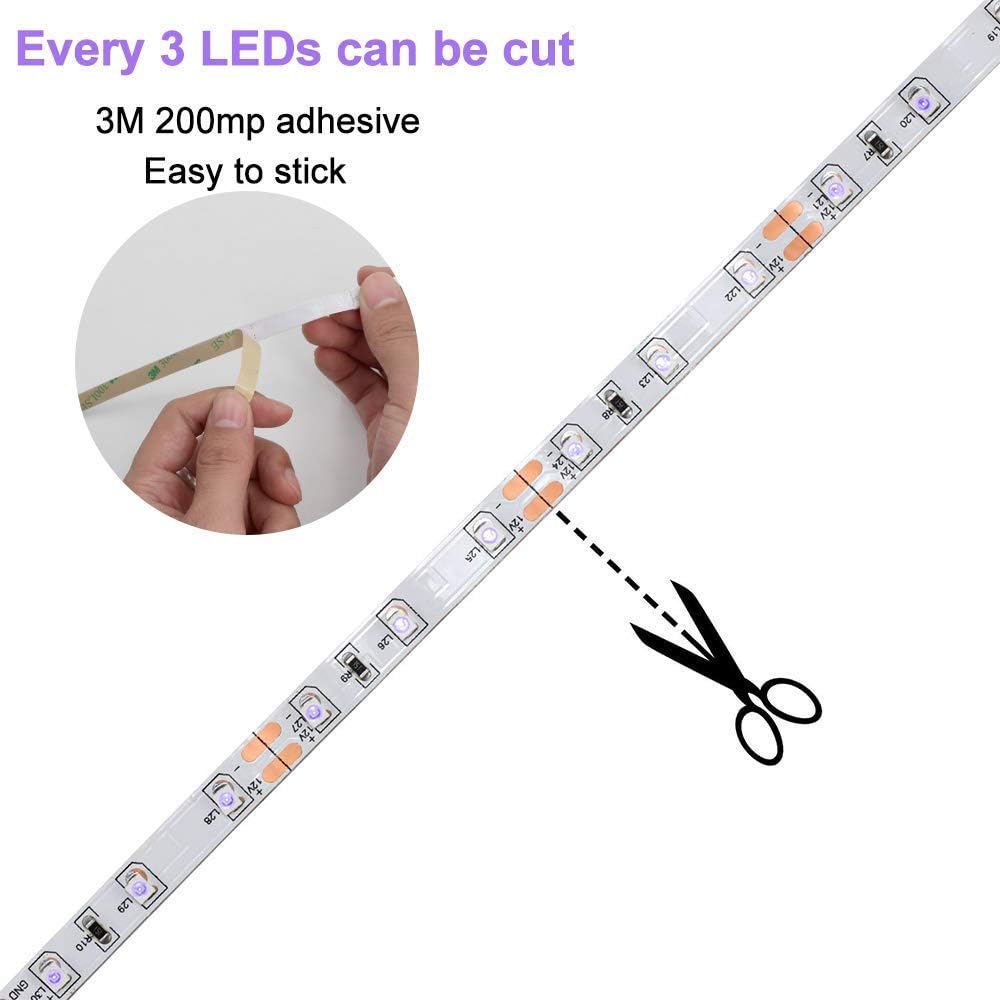 24W / 60W UV Black Light LED Strip – 16.4FT / 5M | SMD2835 | 60 LEDs/m (300 LEDs Total) | 395–405nm | Non-Waterproof / IP65 Waterproof | With Power Supply | For Night Fishing & Black Party