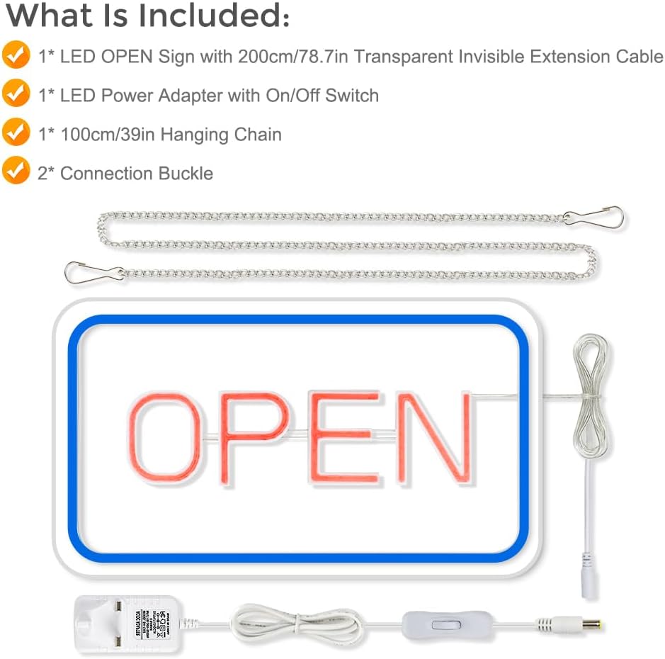 LED-Neonschild „OPEN“ – rechteckig | 4 Leuchtfarbenoptionen | 16×9 / 23×12 Zoll | Fensteraufhängung | Plug & Play für Schaufenster