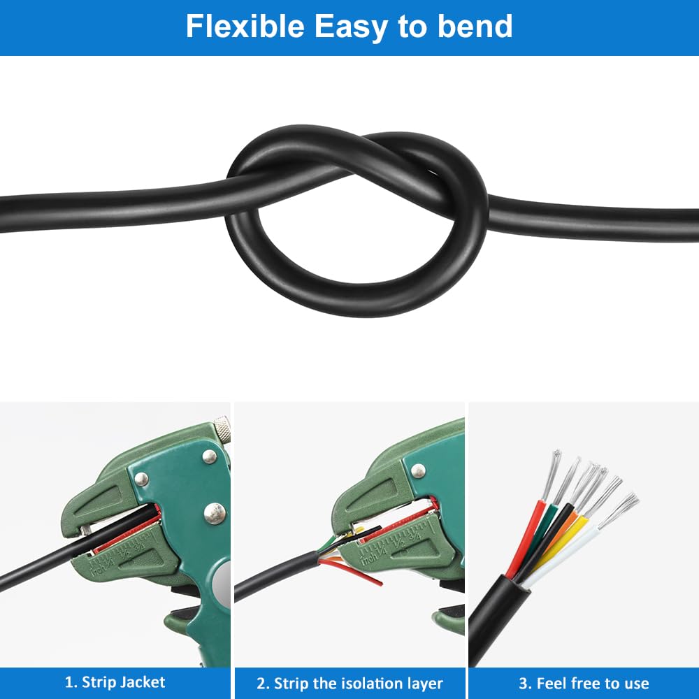 18 AWG Electrical Wire, 6/7/8 Conductor Stranded Tinned Copper Multi-Core Cable, Black/White PVC Flexible Control Extension Cord — 10/20/50m (33ft–165ft) Options