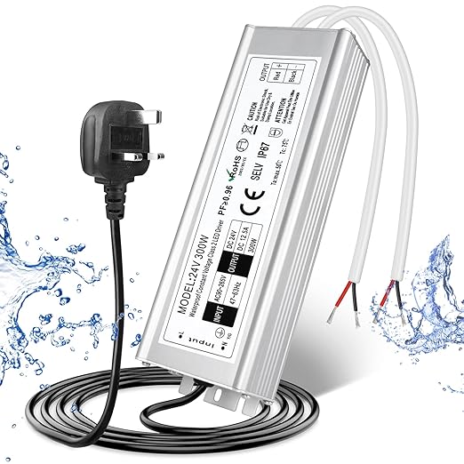 24V Waterproof LED Power Supply 30W–300W, 90–265V Input, Single/Dual Wire Output, Aluminum Housing, Outdoor LED Driver, CE/RoHS/FCC — US/UK/EU Plug & Wire Leads Options