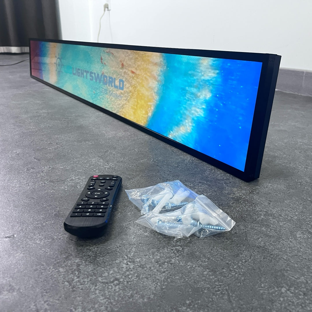 56,6 Zoll (1431 × 160 mm sichtbar) kommerzielles Android-Stretched-LCD-Balkendisplay | Ultrabreiter Regalbildschirm | Cloud / USB / Mobile App