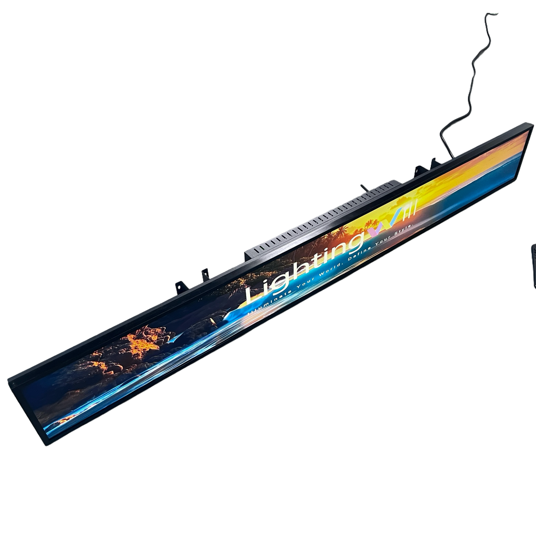 56,6 Zoll (1431 × 160 mm sichtbar) kommerzielles Android-Stretched-LCD-Balkendisplay | Ultrabreiter Regalbildschirm | Cloud / USB / Mobile App