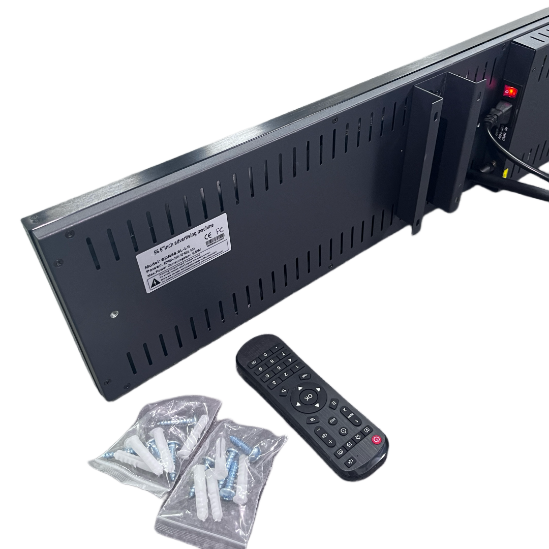 56,6 Zoll (1431 × 160 mm sichtbar) kommerzielles Android-Stretched-LCD-Balkendisplay | Ultrabreiter Regalbildschirm | Cloud / USB / Mobile App