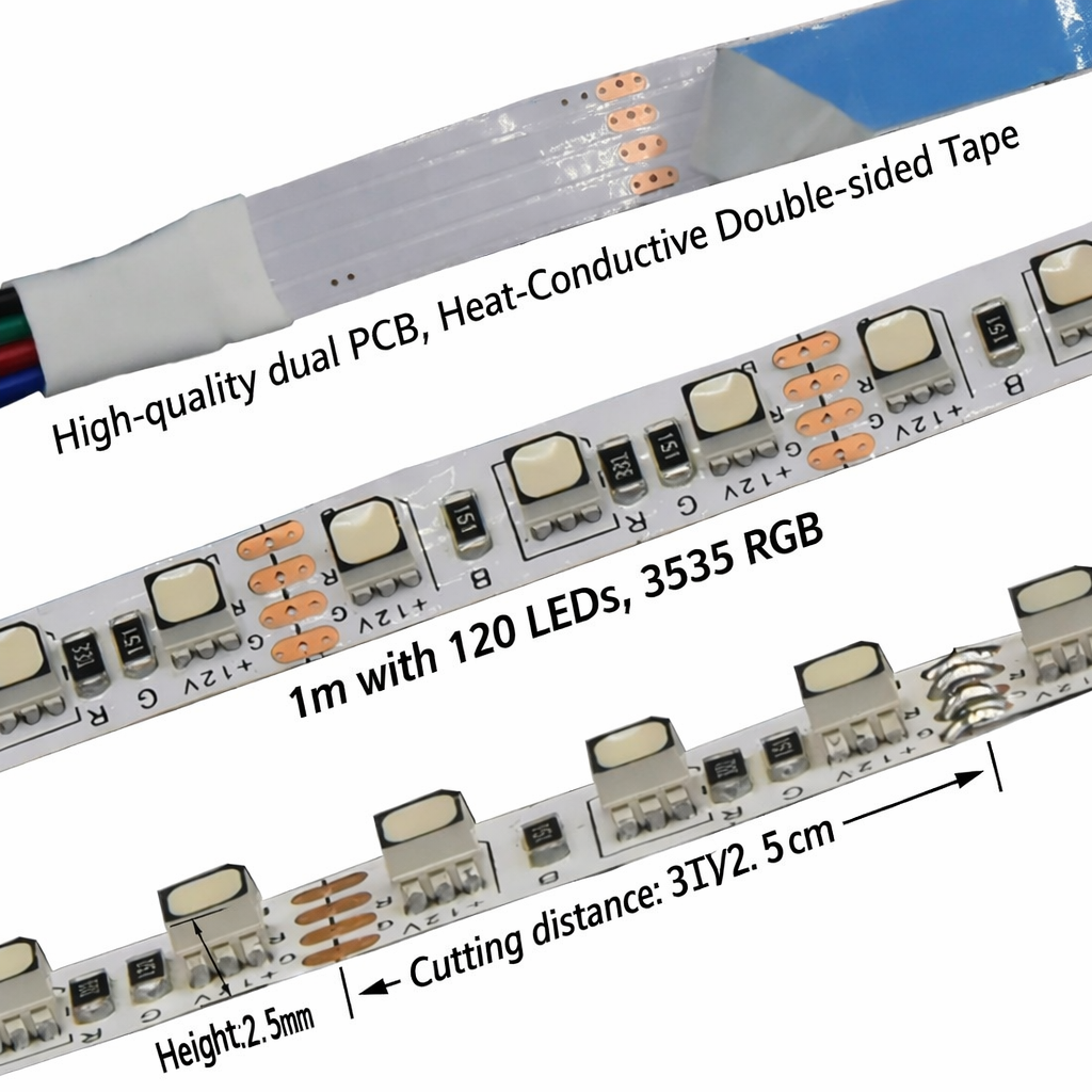8MM Wide SMD3535 RGB LED Strip Light - DC12V | 120 LEDs/M | 8mm PCB | Non-Waterproof | for Mirror, Kitchen Cabinet, Bedroom | 5/50M