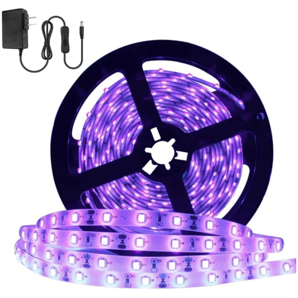 24W / 60W UV Black Light LED Strip – 16.4FT / 5M | SMD2835 | 60 LEDs/m (300 LEDs Total) | 395–405nm | Non-Waterproof / IP65 Waterproof | With Power Supply | For Night Fishing & Black Party