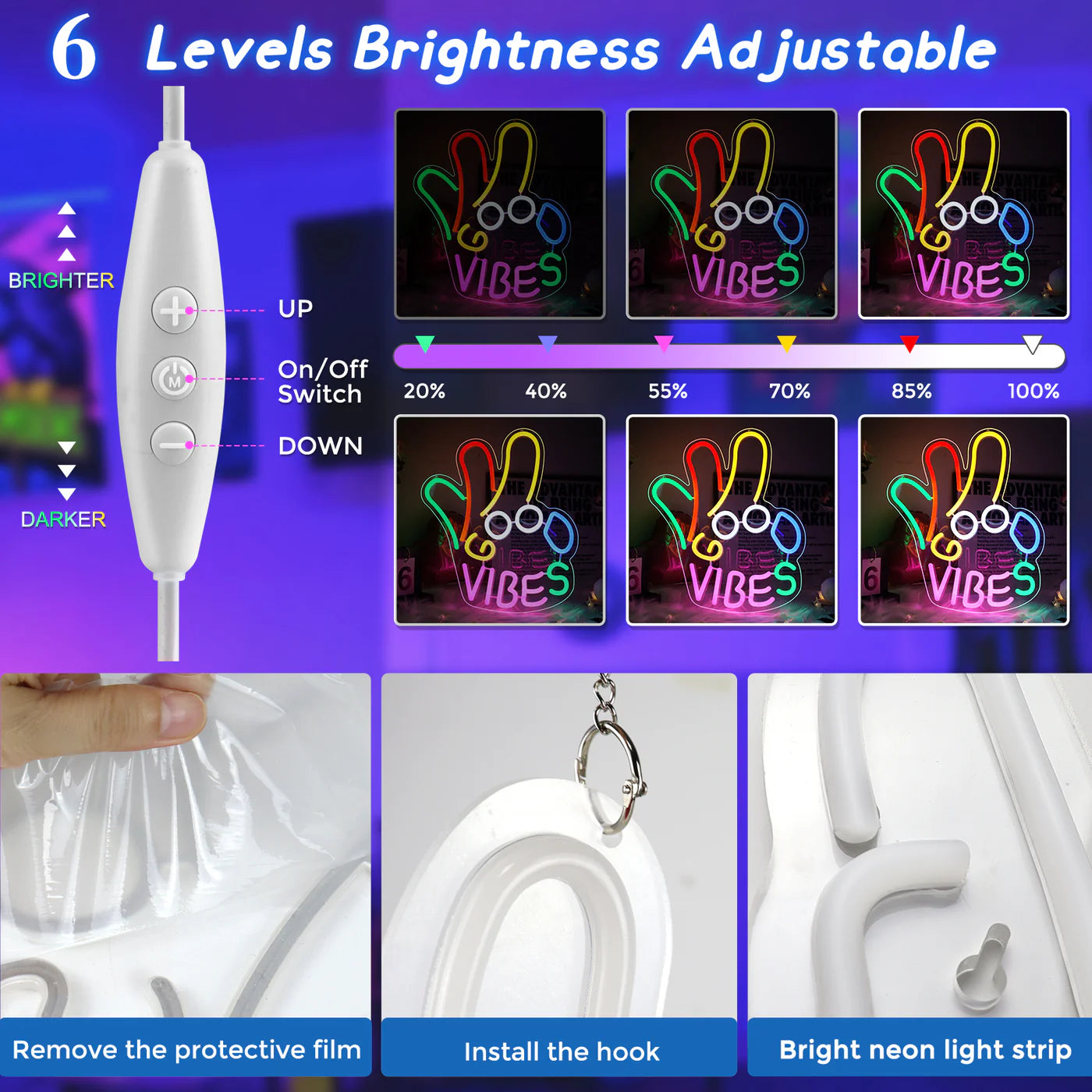 Panneau LED « Good Vibes » – Main OK | 43 cm x 33 cm | Néon USB pour décoration murale | À suspendre | Idéal pour chambre, dortoir, salon, fête