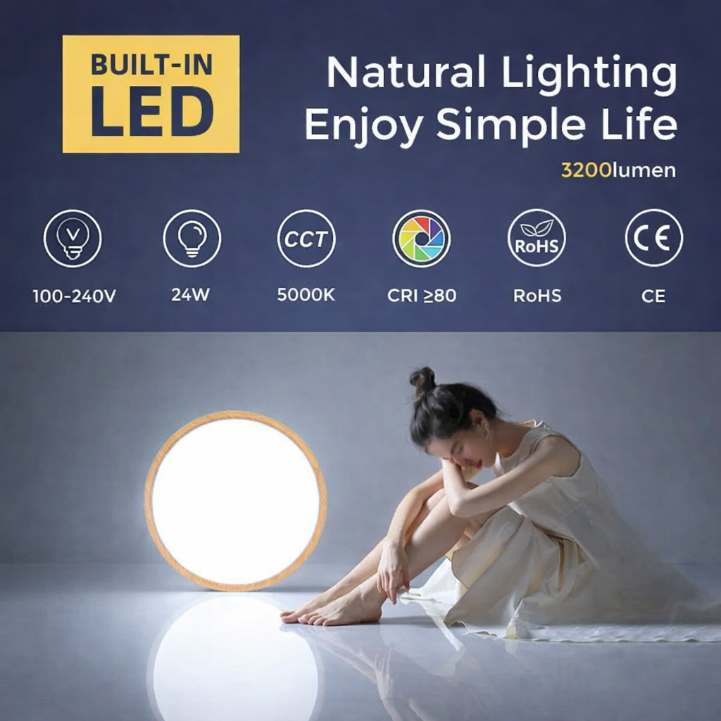 AC 220–240V Round LED Ceiling Light – Wood Grain – 24W – 3000K / 4500K / 5000K / 6500K – Flush Mount Ceiling Light – Local Stock (UK/DE)