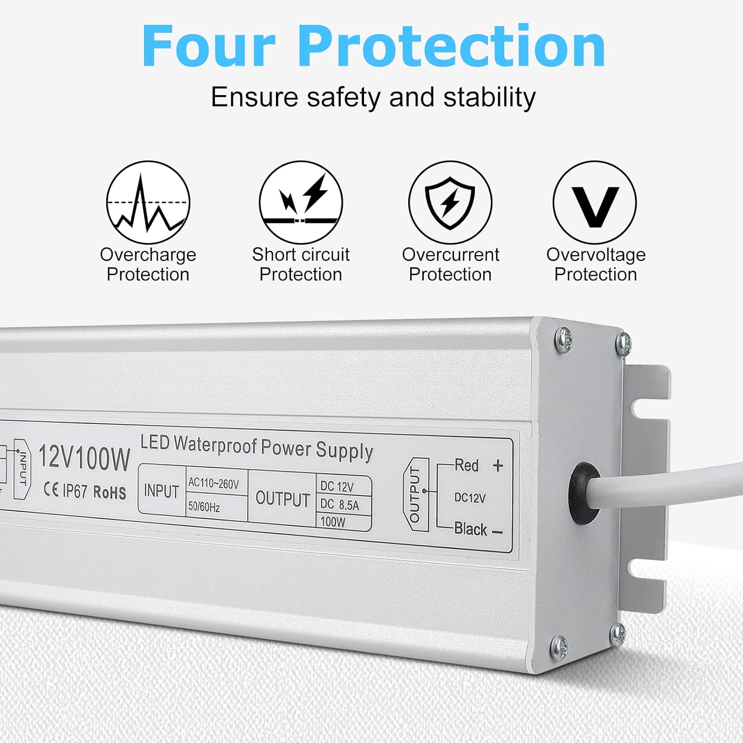 12V Waterproof LED Power Supply 30W–300W, 90–265V Input, Single/Dual Wire Output, Outdoor LED Driver, CE/RoHS/FCC —US/UK/EU Plug & Wire Leads Options