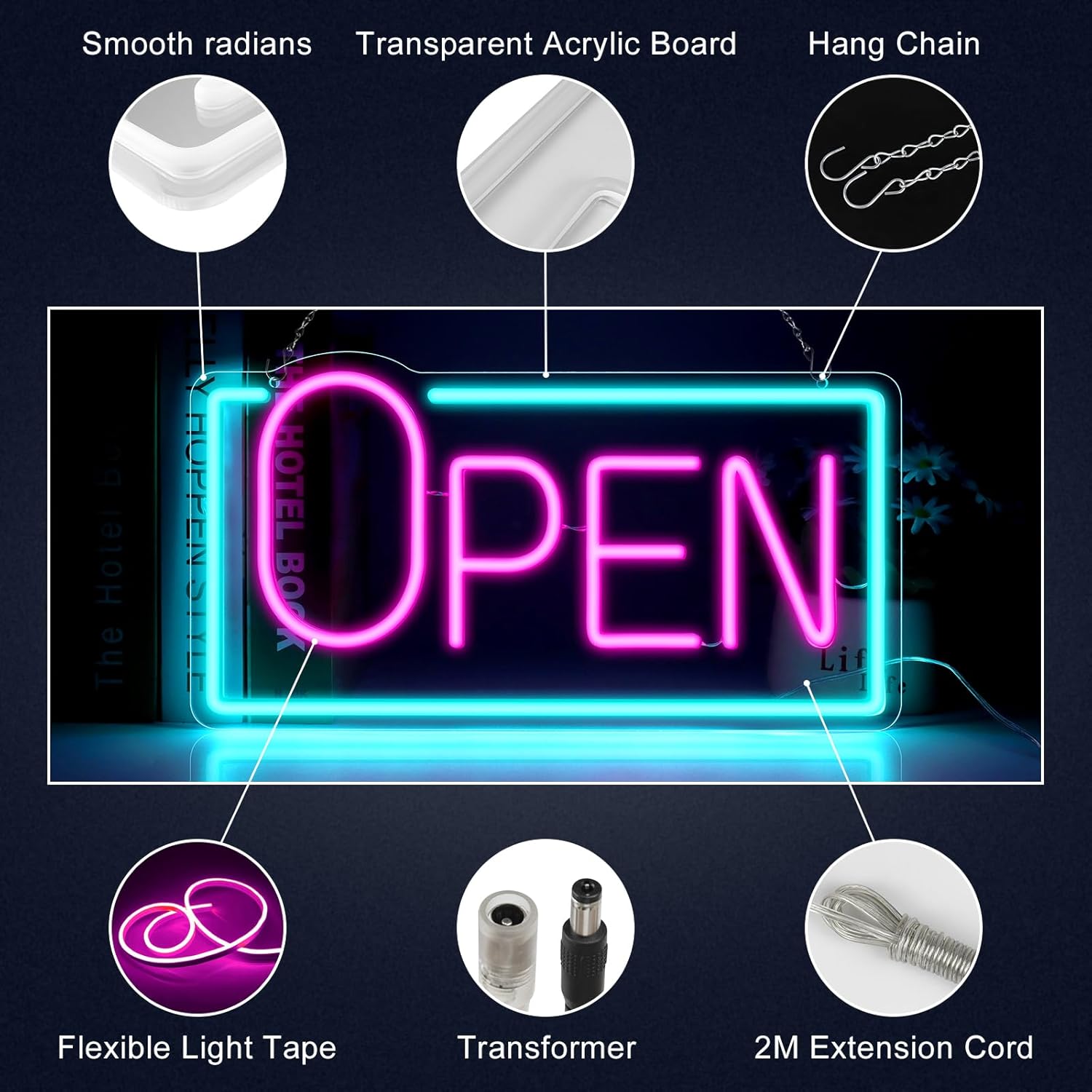 OPEN Neon Sign – Big “O” Style | 5 Glow Color Options | 17×9 inch (42×22 cm) | Window Hanging | Plug & Play for Storefronts