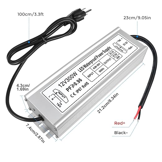 12V Waterproof LED Power Supply 300W, 90–265V Input, Single/Dual/Triple Wire Output, Aluminum Housing, Outdoor LED Driver, CE/RoHS/FCC —US/UK/EU Plug & Wire Leads Options