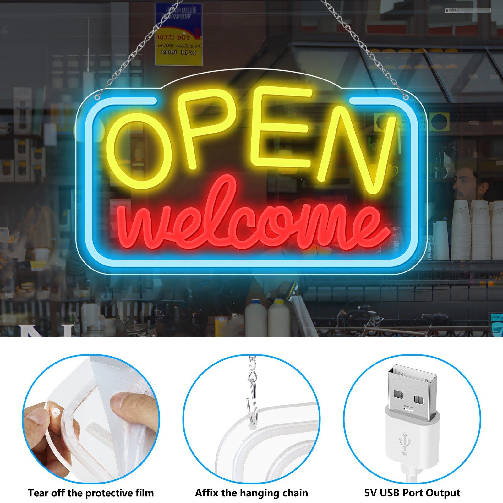 Neonschild „OPEN Welcome“ – USB-betrieben | 43×25 cm (17×10 Zoll) | LED-Licht für Schaufenster | 2 Farboptionen
