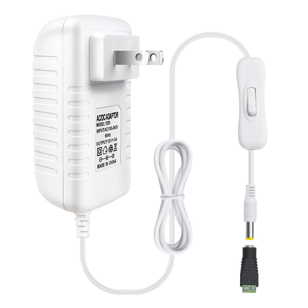 DC 12V Power Supply Adapter with On/Off Switch, 12W/24W/36W Options, US Plug, Black/White Housing, 100–240V AC Input, Wall Plug Charger for LED Strip Lights and Electronics