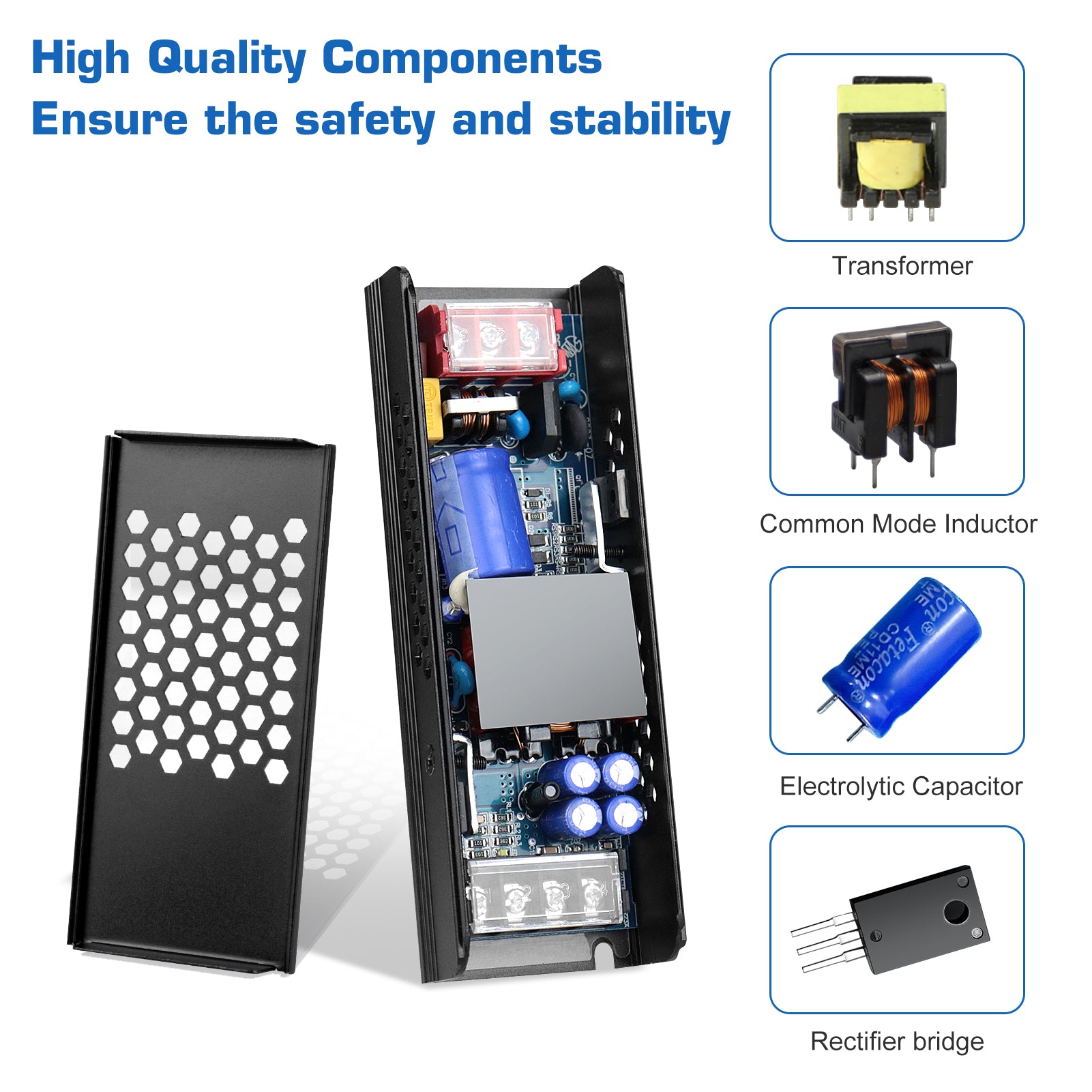 DC 12V/24V Slim Black Switching Power Supply 36W–200W, AC 110–250V Input, Narrow Type LED Transformer, Compact Metal Housing, CE/FCC/RoHS Certified