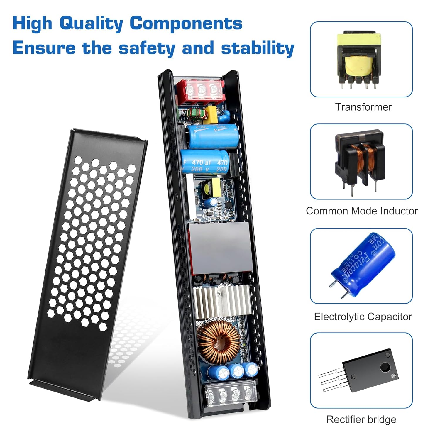 DC 12V/24V Slim Black Switching Power Supply 300W–400W, AC 110–130V/175–250V Input, LED Driver Transformer with Built-in Cooling Fan, CE/FCC/RoHS Certified