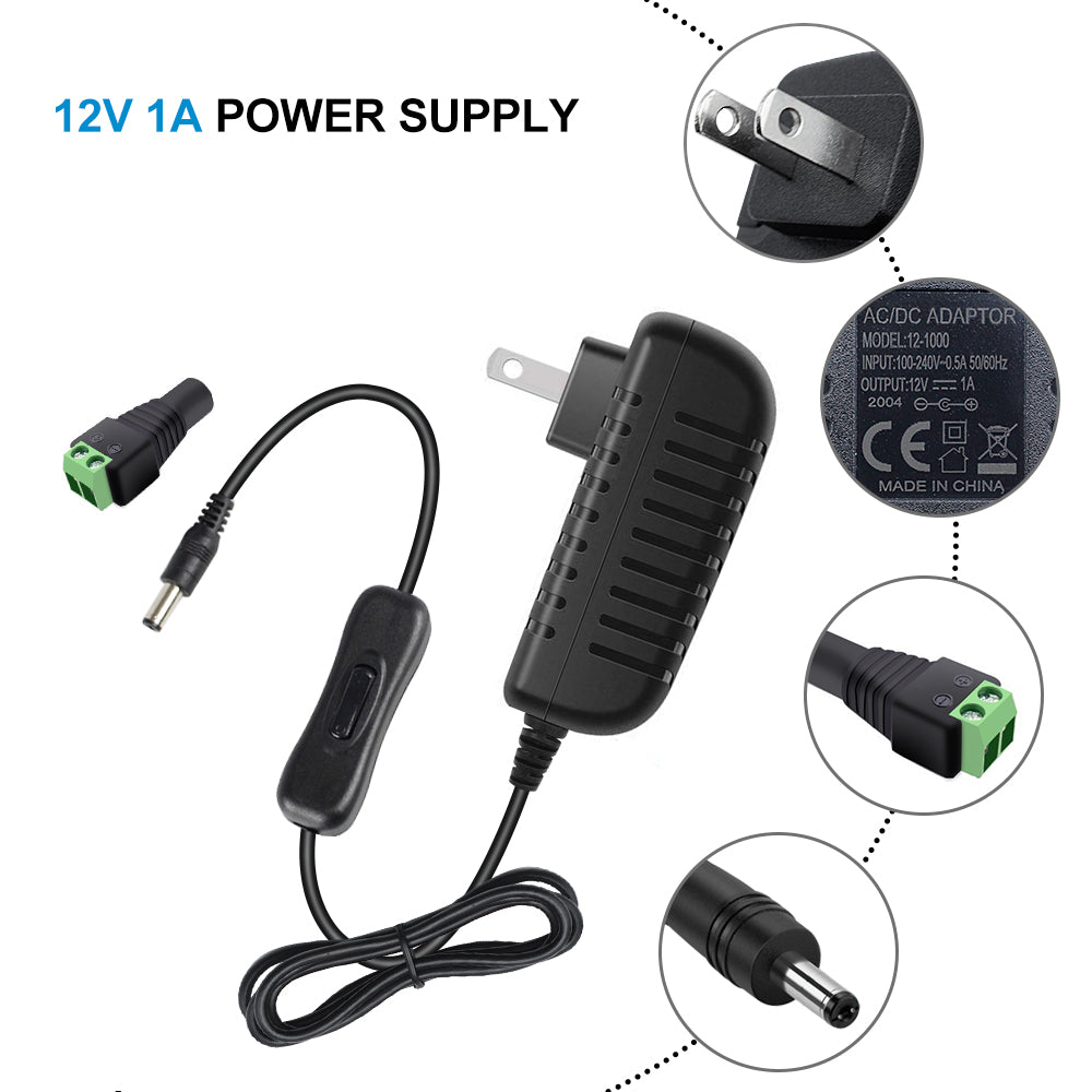 DC 12V Power Supply Adapter with On/Off Switch, 12W/24W/36W Options, US Plug, Black/White Housing, 100–240V AC Input, Wall Plug Charger for LED Strip Lights and Electronics
