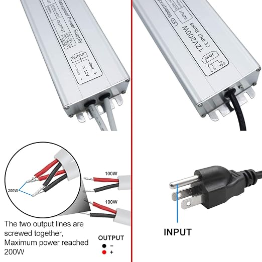 12V Waterproof LED Transformer, 90–140V Input, 200W–500W, Single/Dual Wire Output, Aluminum Housing, CE/RoHS/FCC — US Plug & Wire Leads Options